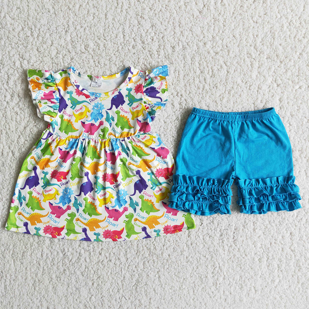 D11-27 Adorable Dino Print Blue Shorts Girls Set