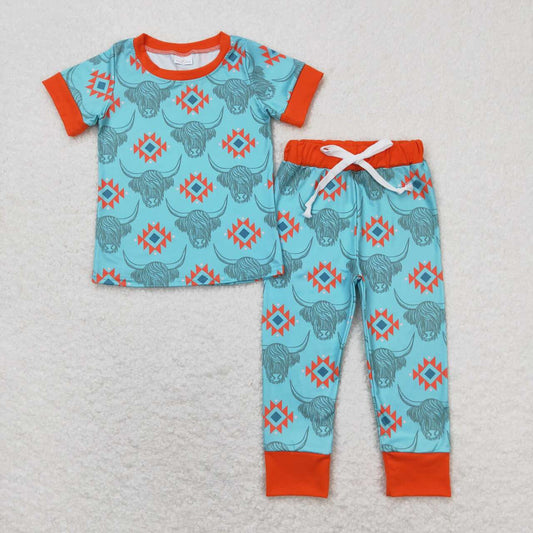 BSPO0328 Western Aztec highland cow short sleeve pants boys pajamas
