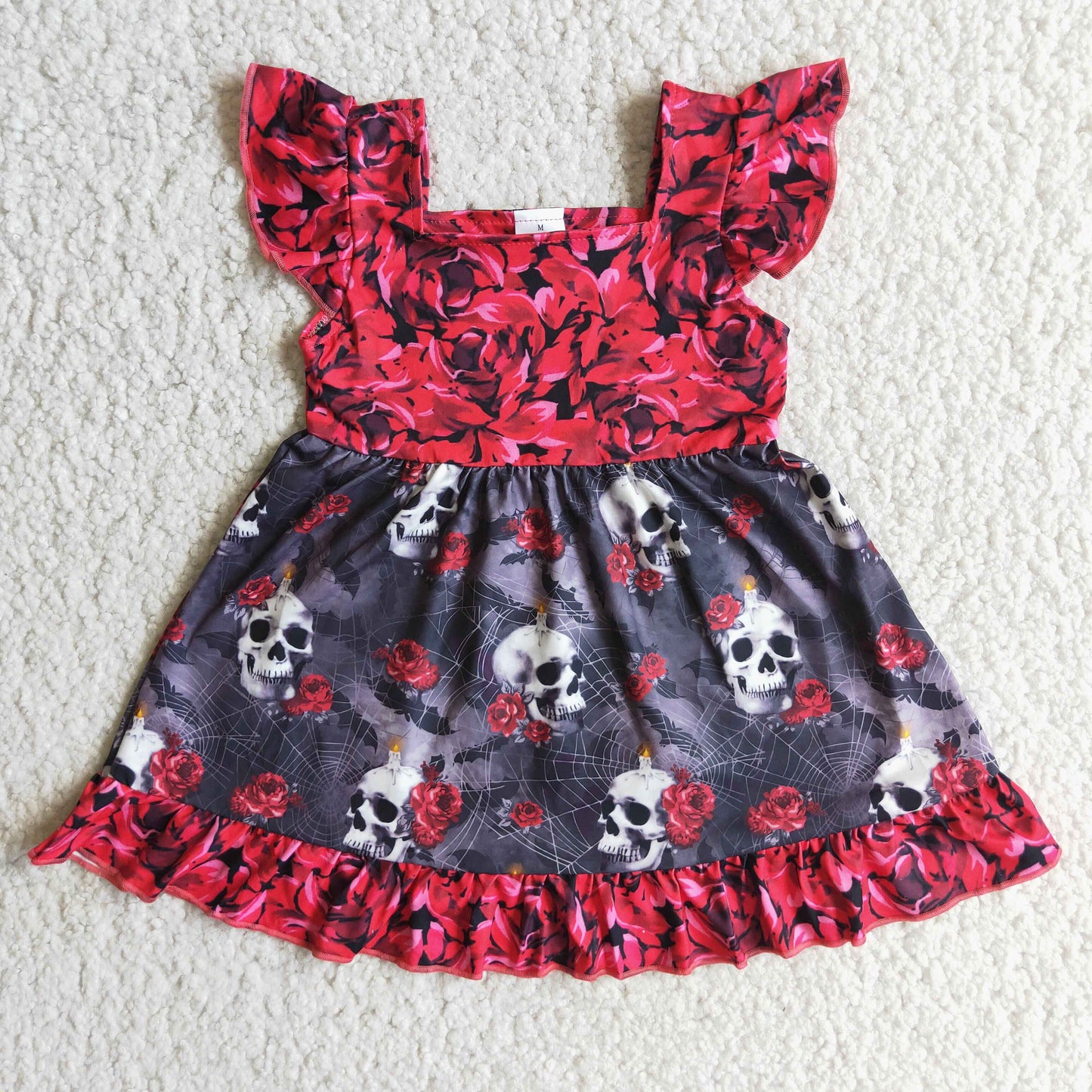 E1-13 Halloween skull red flutter sleeve girls dress