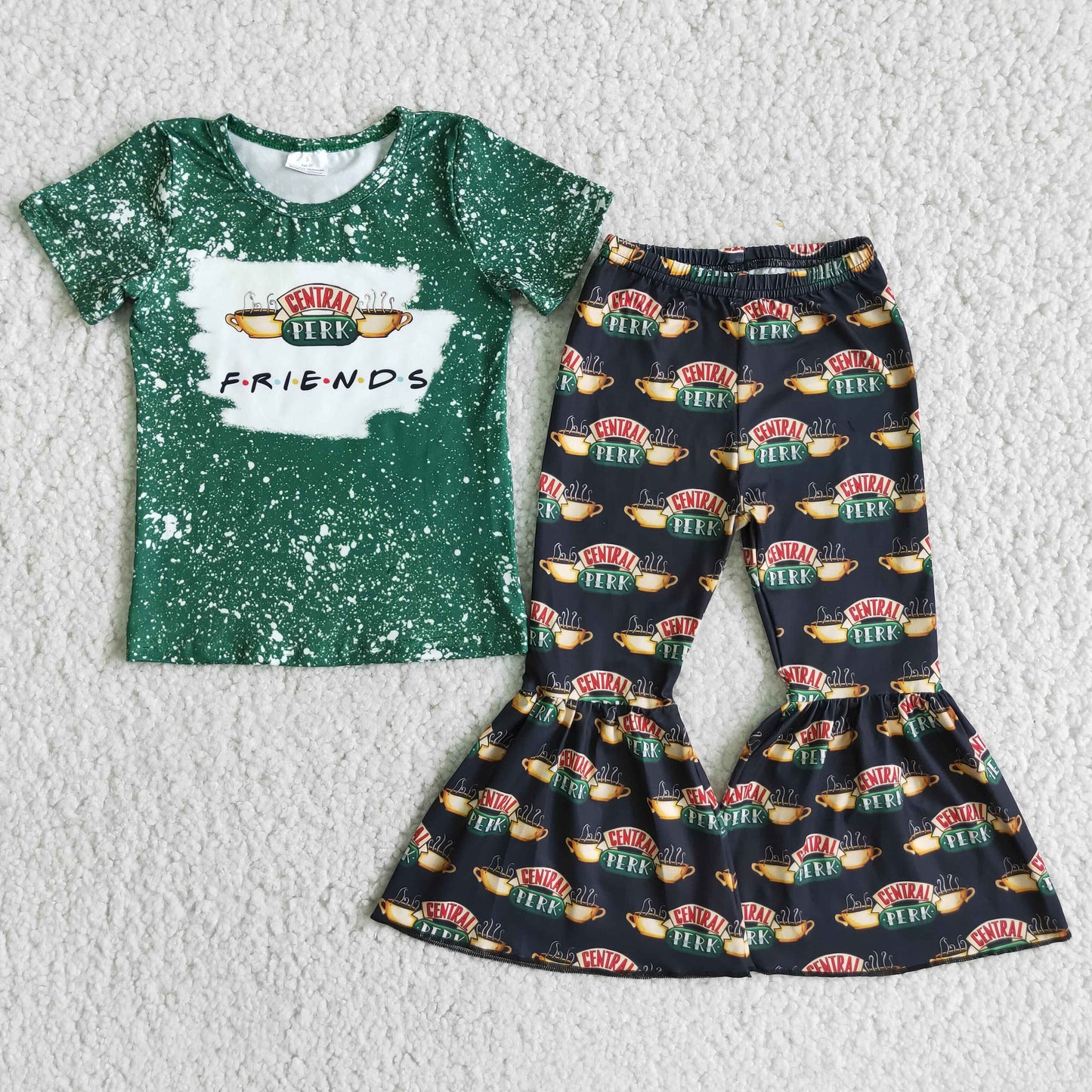 E1-4 Friend green short sleeve pants girls set