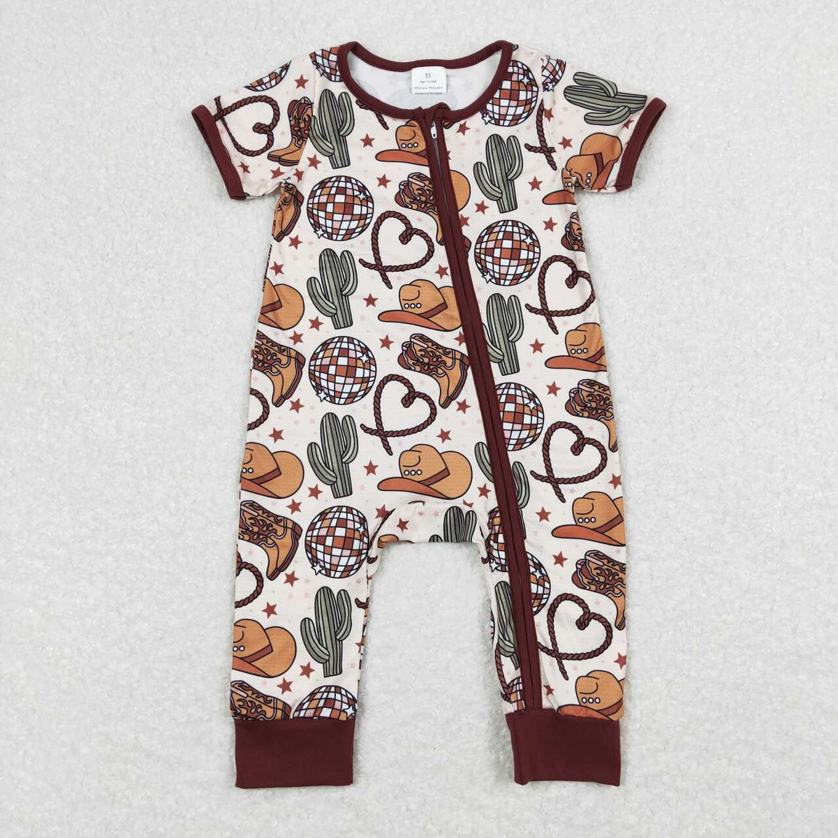 SR0973 Western Boot Hat Cactus Brown Short Sleeve Zipper Boys Romper