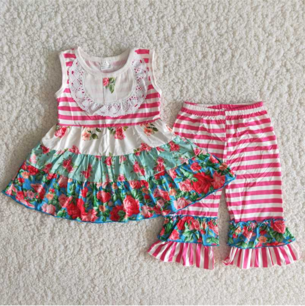 E2-11 Flowers pink striped sleeveless girls set