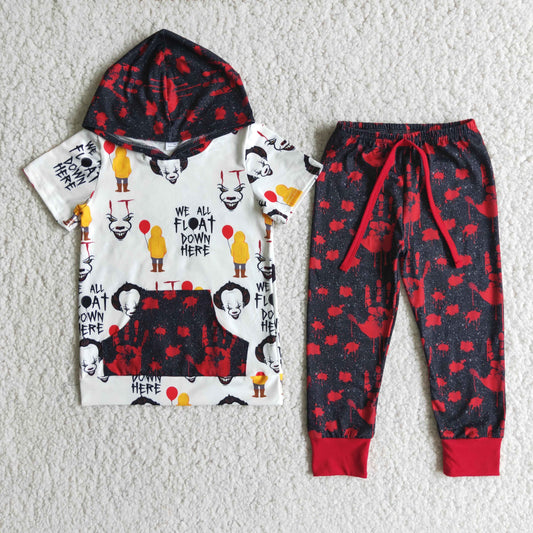 E2-18 Halloween horror short sleeve hoodie red pants boy set