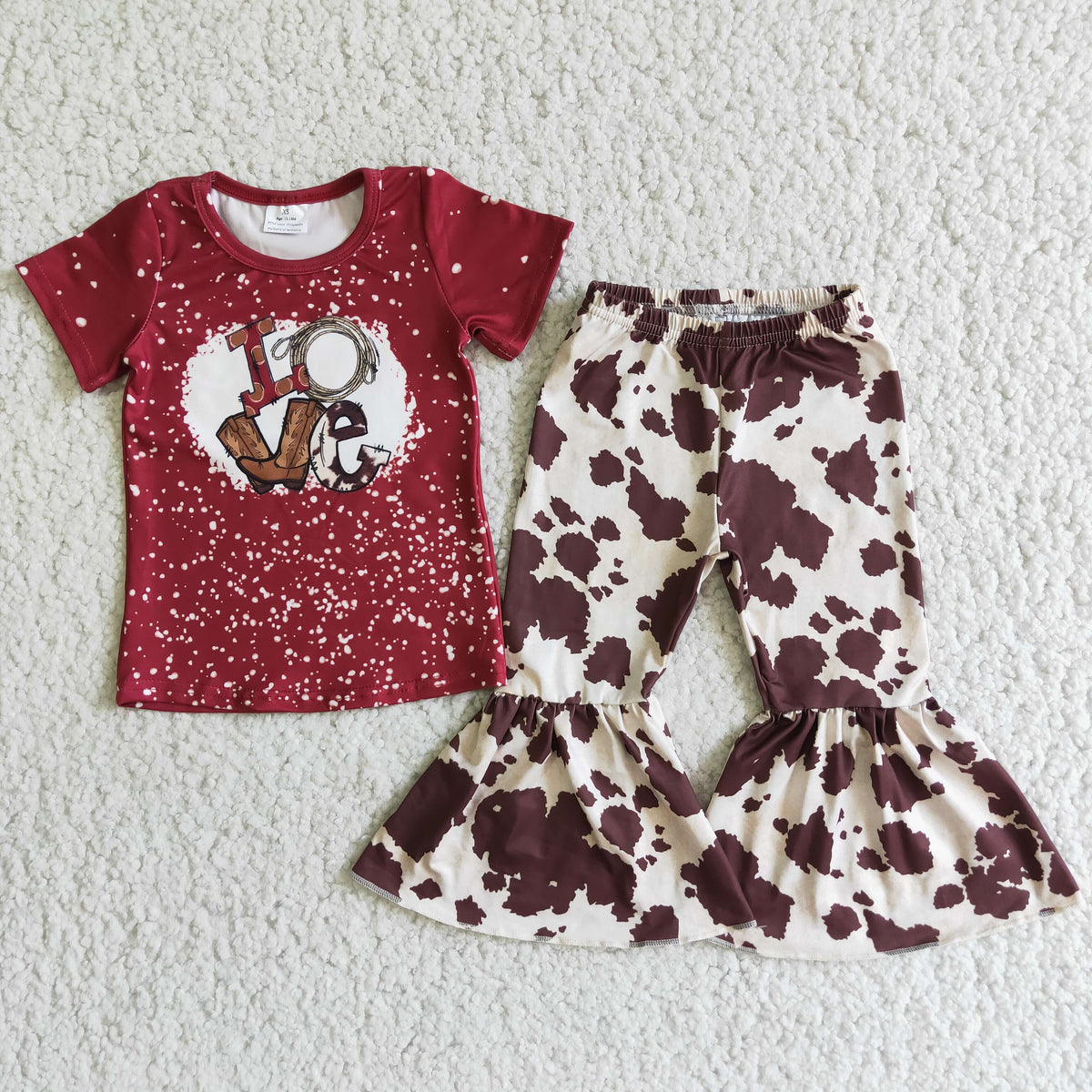 E2-3 Love boot maroon short sleeve brown cow print pants girls set