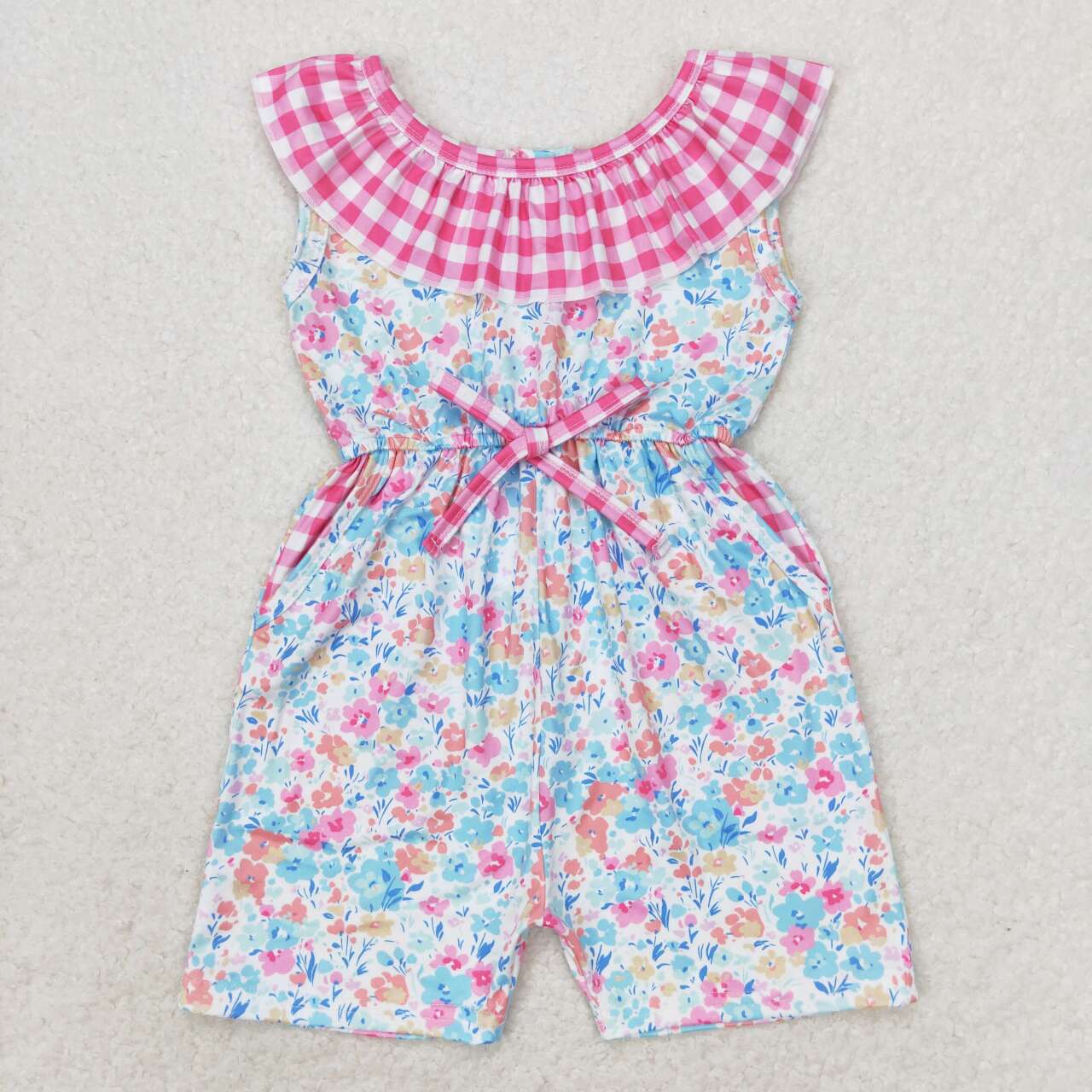 SR1244 colorful flowers pockets hot pink checkered girls jumpsuits