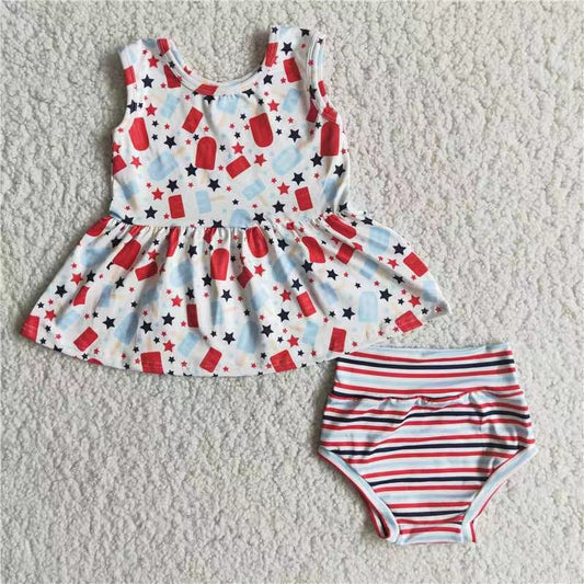 E3-15 July 4th ice star sleeveless striped girls bummies set