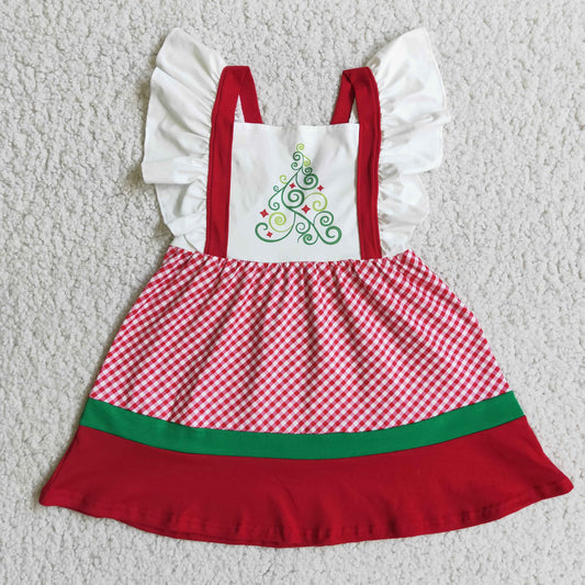 E3-19 Christmas tree red checkered flutter sleeve girls dress