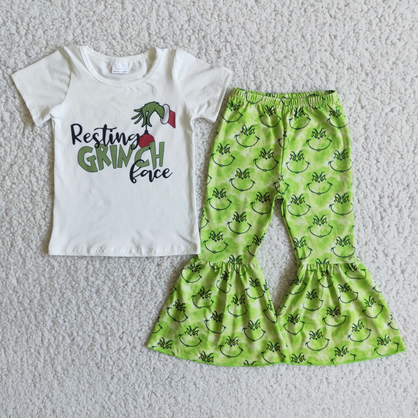 E3-30 Christmas Green Face Short Sleeve Green Pants Girls Set