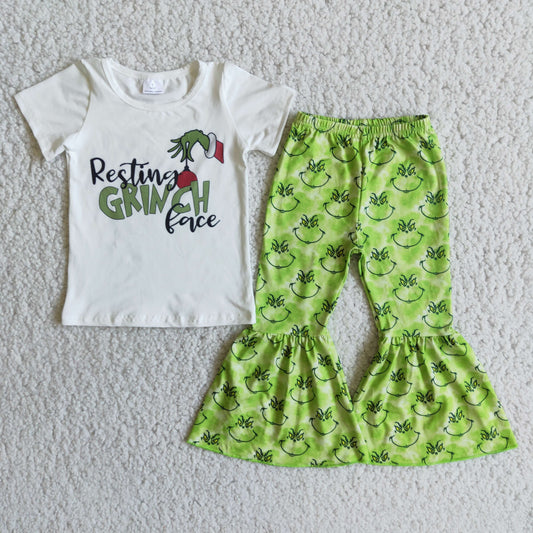 E3-30 Christmas Green Face Short Sleeve Green Pants Girls Set