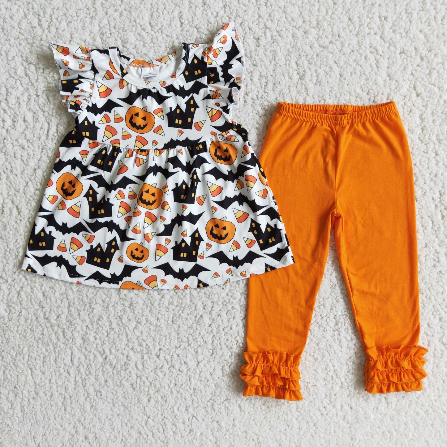 E3-5 Halloween pumpkin flutter sleeve pants girls set