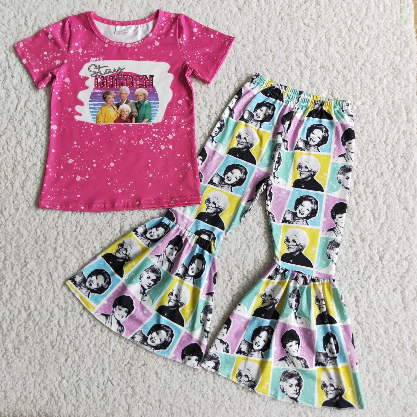 E4-13 Star hot pink short sleeve pants girls set