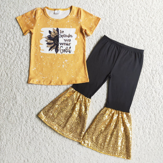 Sunflower Bleach Design Short Sleeve Match Sequin Bell Pants Kids Clothes