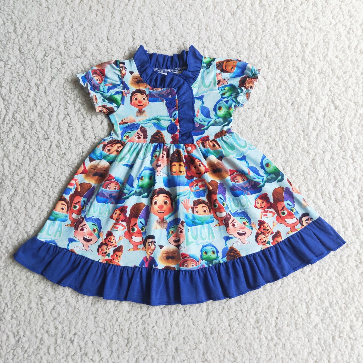 E4-2 cartoon boy fish blue short sleeve girls dress