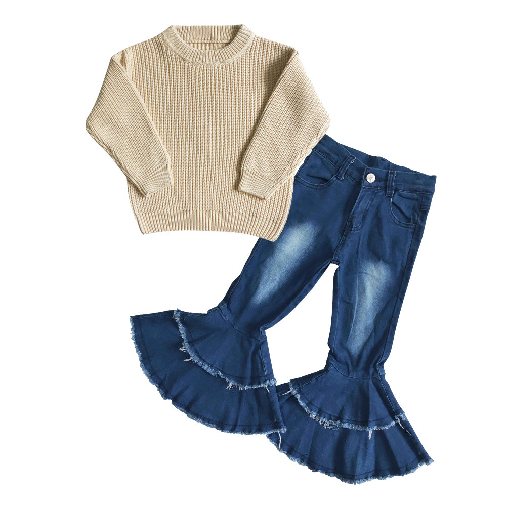 GLP0838 White sweater long sleeve blue denim pants girls set