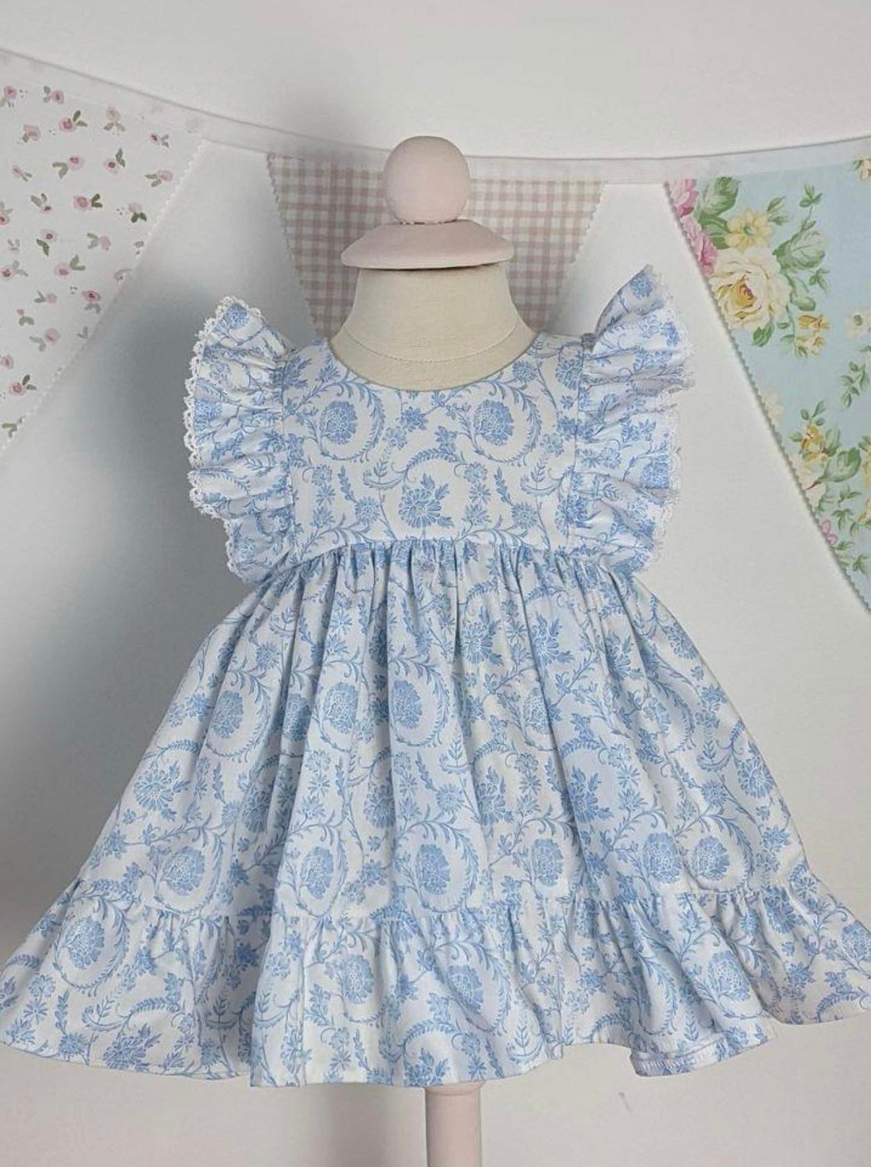 custom style blue flowers flutter sleeve girls dress