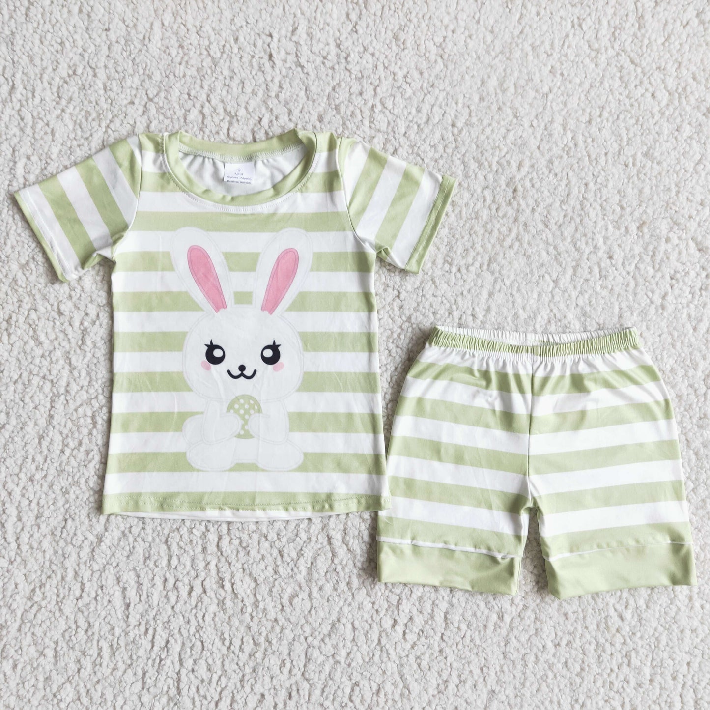 E5-12 Easter rabbit green striped short sleeve shorts kids set