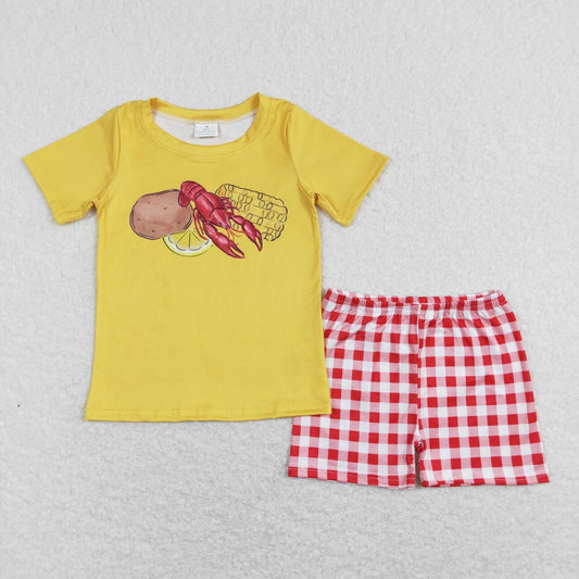 BSSO0438 Cray Corn Potato Yellow Short  Sleeve Red Checkered Shorts Boys Set