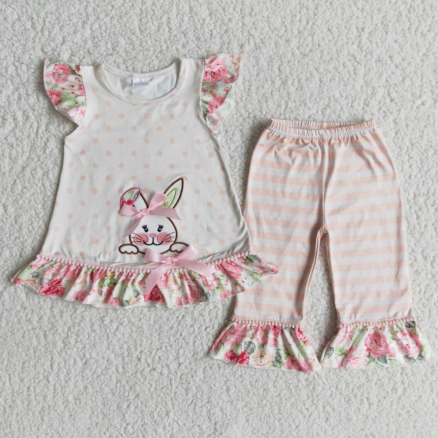 E6-18 Easter rabbit flowers flutter sleeve striped pants girls set