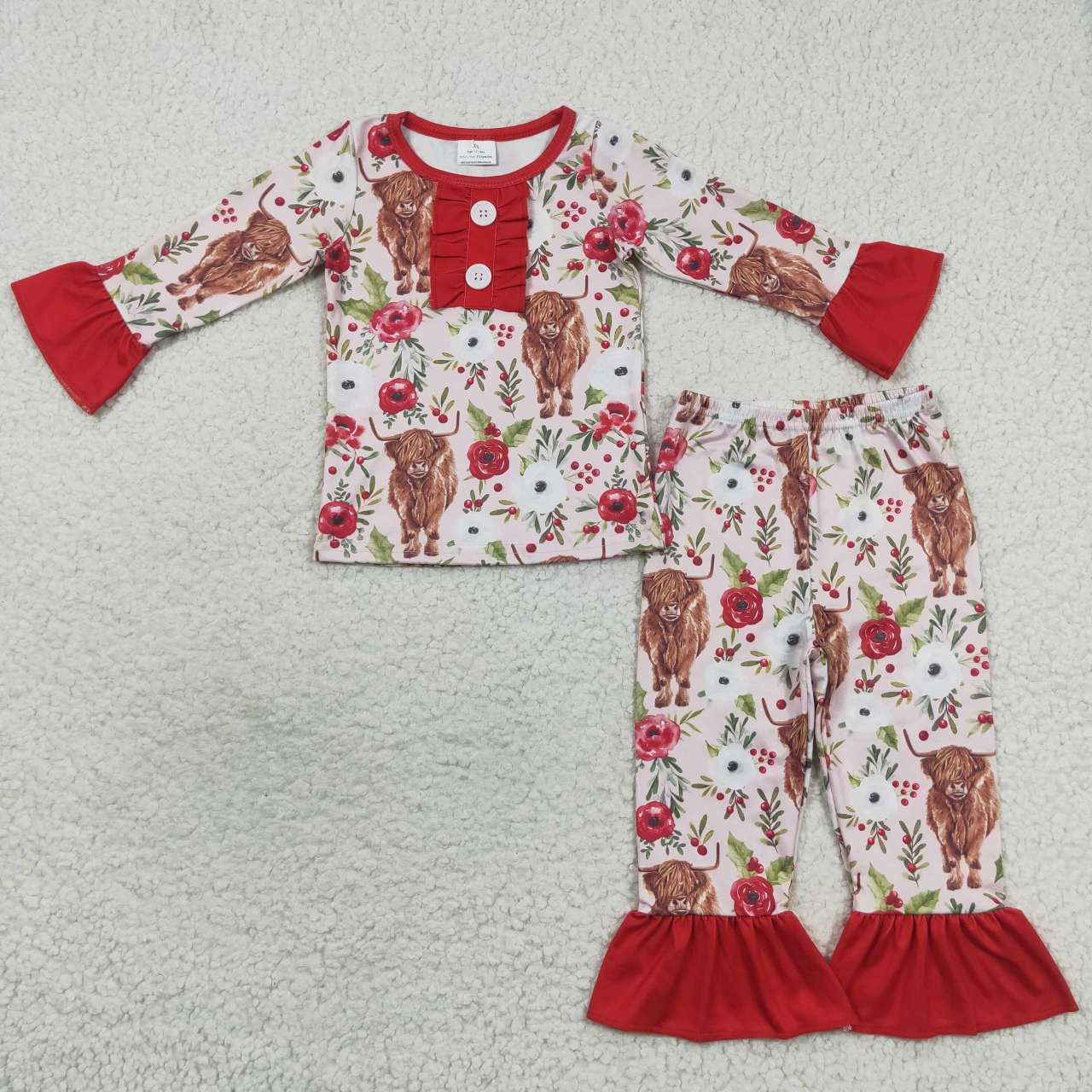 GLP0665 Highland cow red long sleeve pants girls pajamas