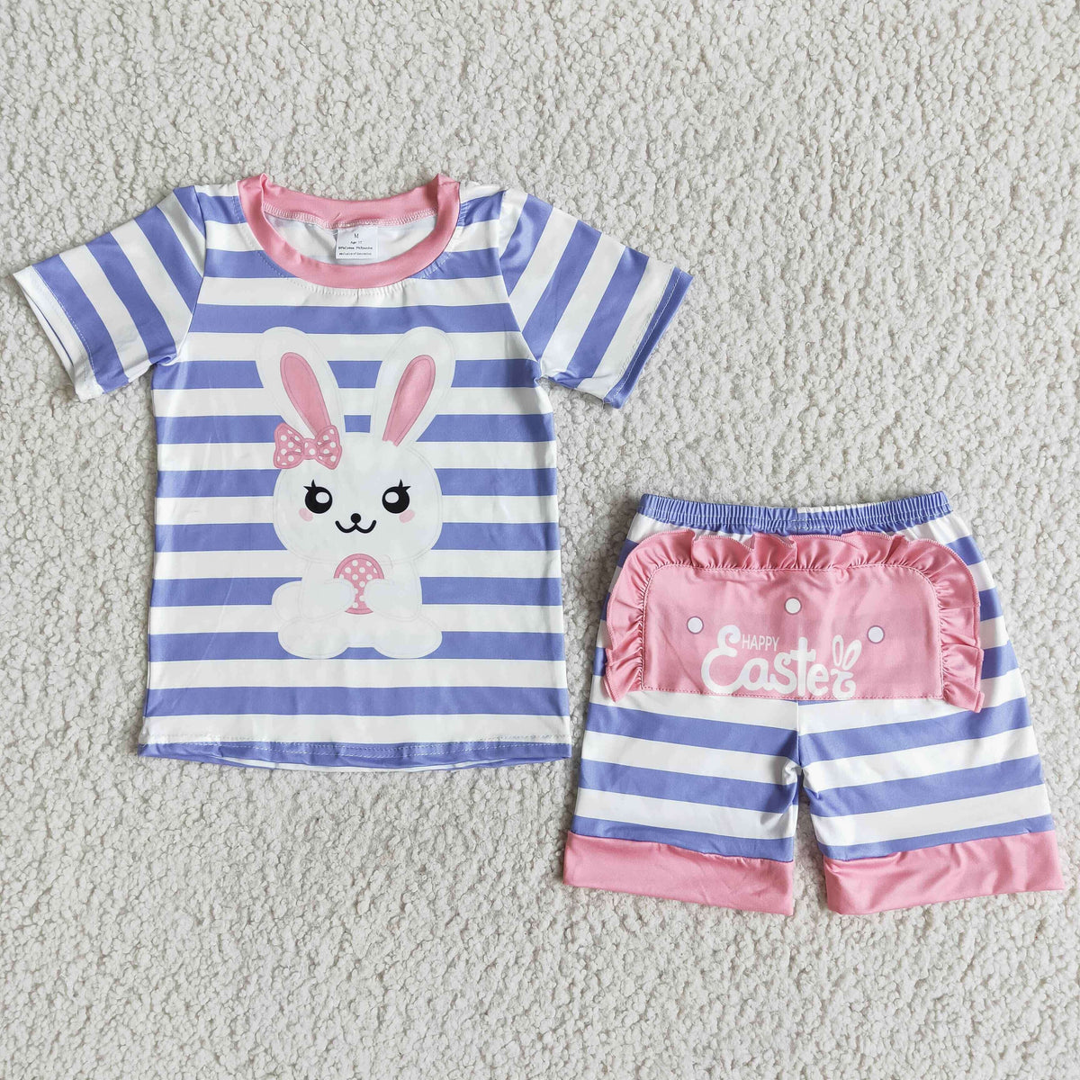E7-17 Easter rabbit blue striped short sleeve shorts kids set