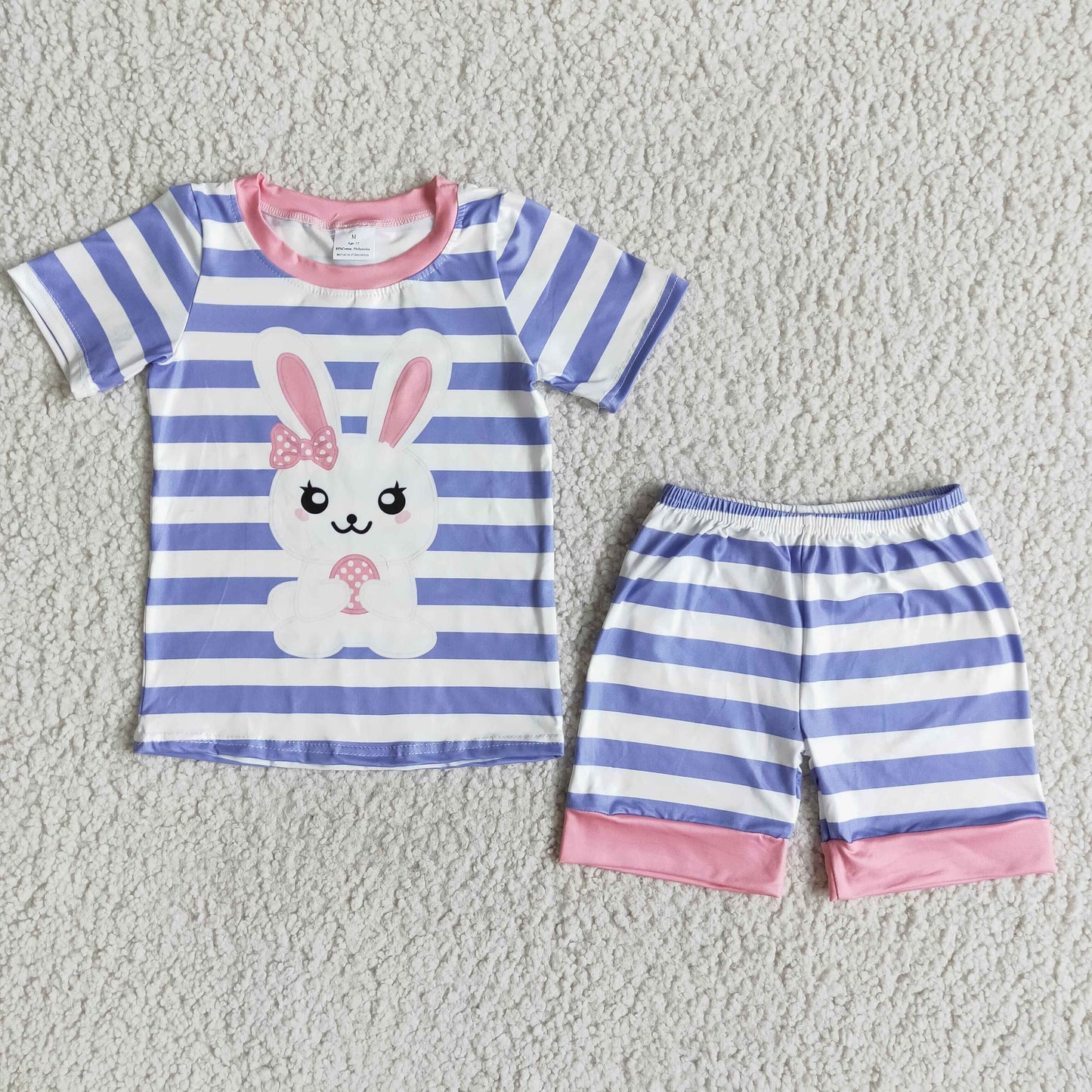 E7-17 Easter rabbit blue striped short sleeve shorts kids set