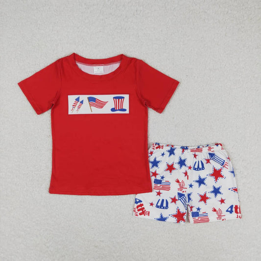 BSSO0726 July 4th flag red short sleeve star shorts boys set