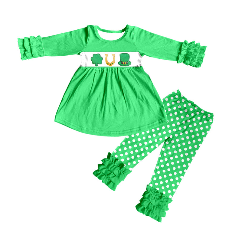 preorder GSPO0851 Green hat horse shoe long sleeve green dot pants girls set