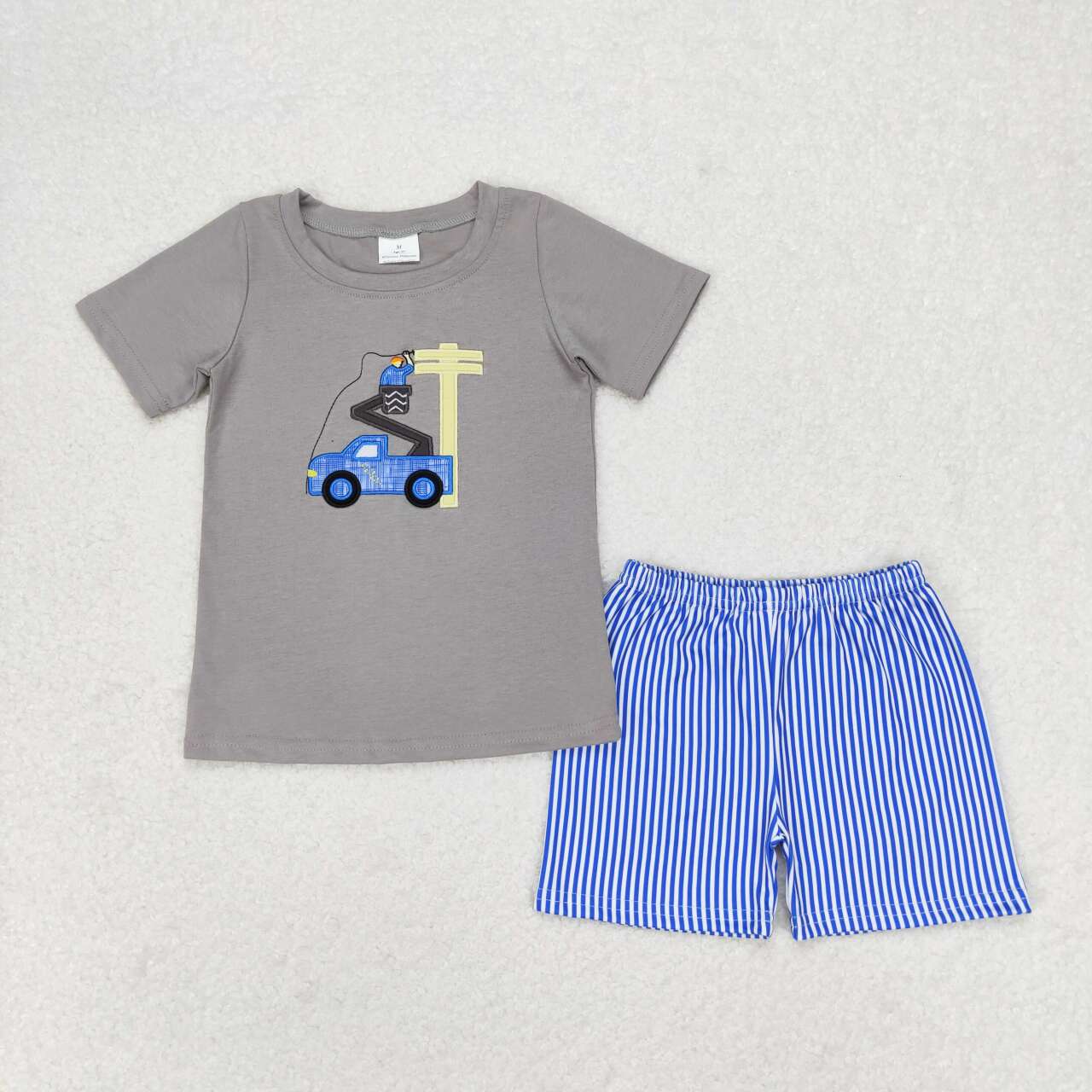 BSSO0631 embroidery Lineman truck grey short sleeve blue striped shorts boys set