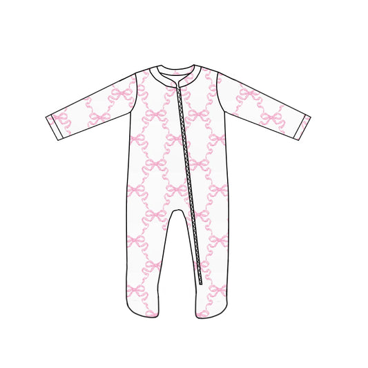 custom style pink bows 1 long sleeve zipper girls romper