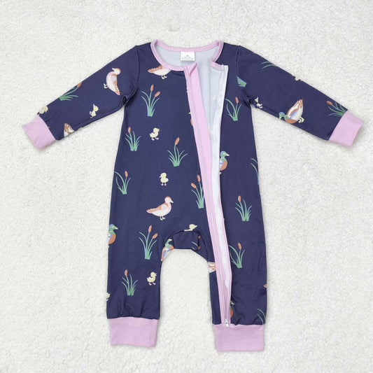 LR1036 mallard black pink long sleeve zipper girls romper