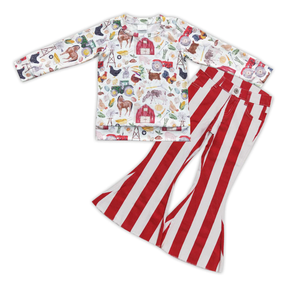 GLP0789 Farm animals house top red striped denim pants girls set