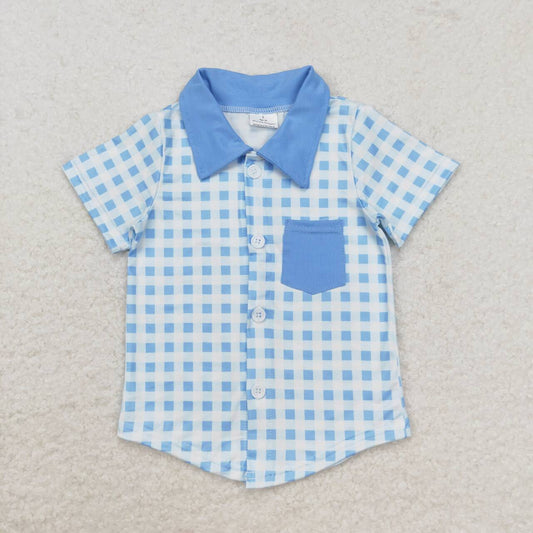 BT0806 blue checkered pocket short sleeve boys top