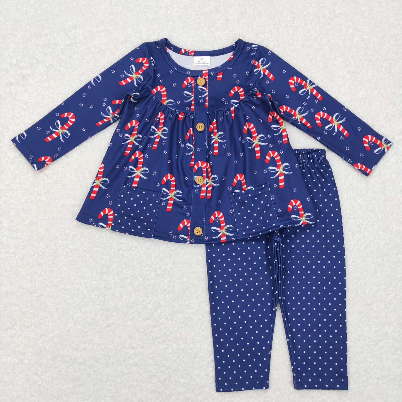 GLP0992 Christmas cane candy pocket long sleeve dark navy dot pants girls set