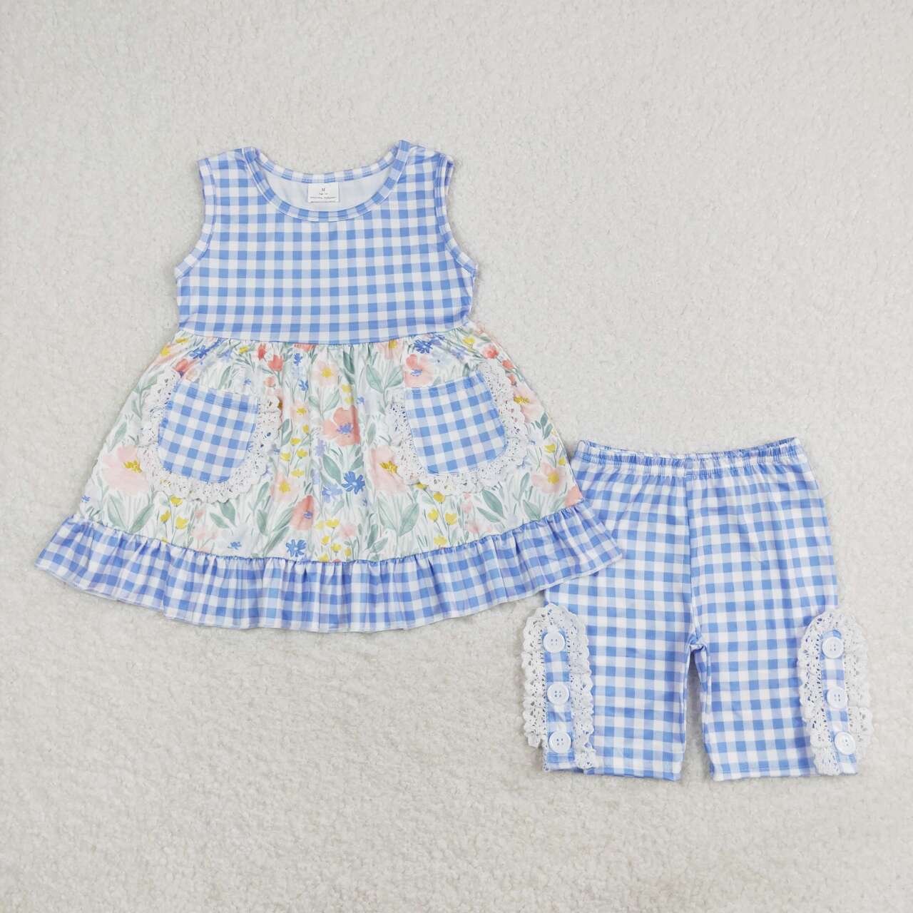 GSSO0908 multi color flowers blue checkered pockets sleeveless pants girls set