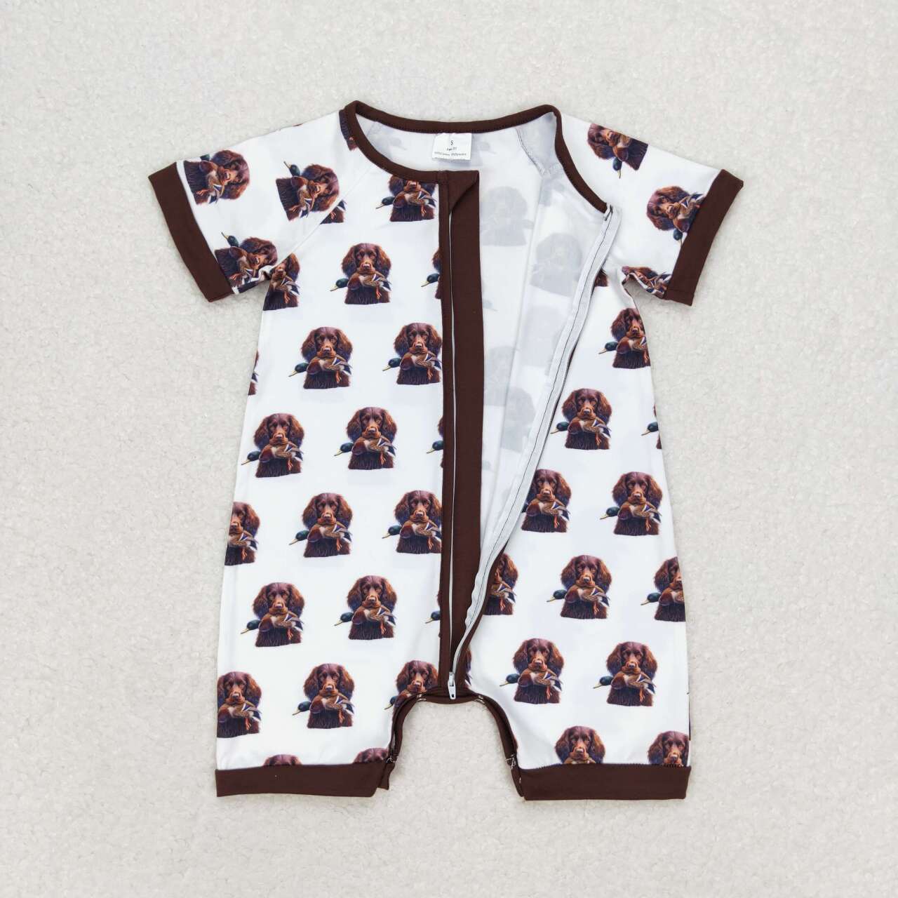 SR1687 hunting dog mallard maroon short sleeve boys zipper romper