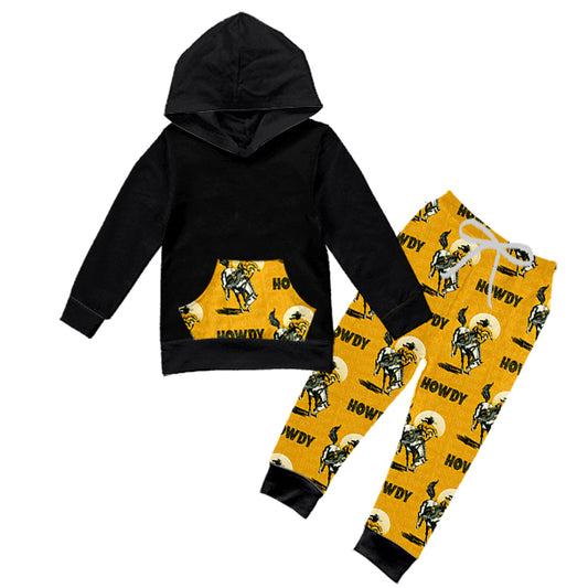 preorder BLP0349 Howdy horse riding black hoodie boys set