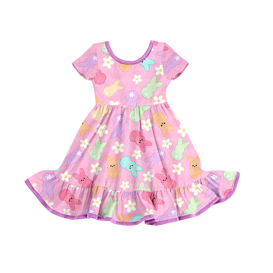 preorder GSD0777 Easter colorful rabbit flowers pink short sleeve girls dress