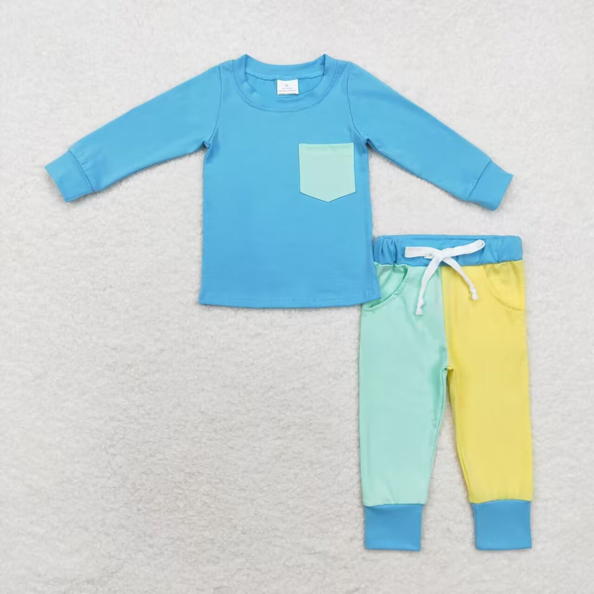 BLP0596 blue pocket long sleeve green yellow pants boys set