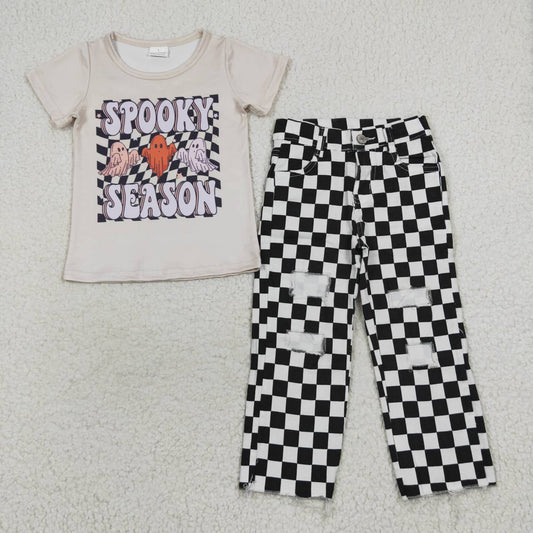 BSPO0156 Halloween spooky season short sleeve black plaid cell denim pants boys  set