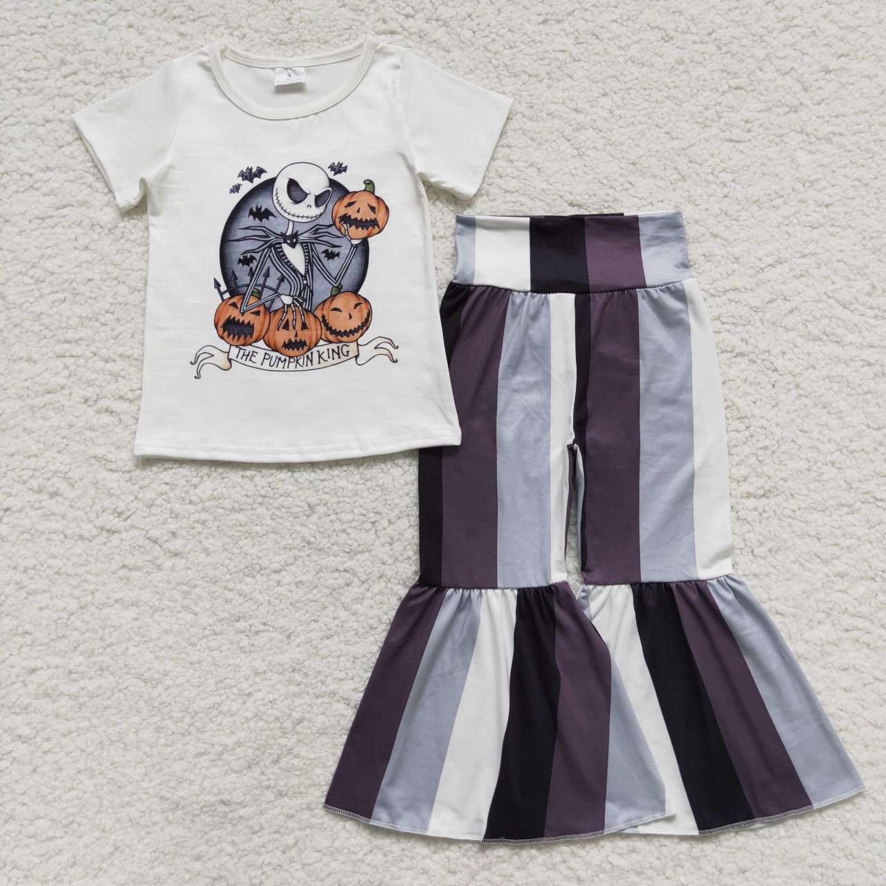 New arrival GSPO0812 Halloween pumpkin skull short sleeve white & black pants girls set