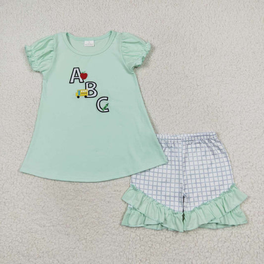 GSSO0930 embroidery back to school ABC bus apple cray short sleeve checkered shorts girls set