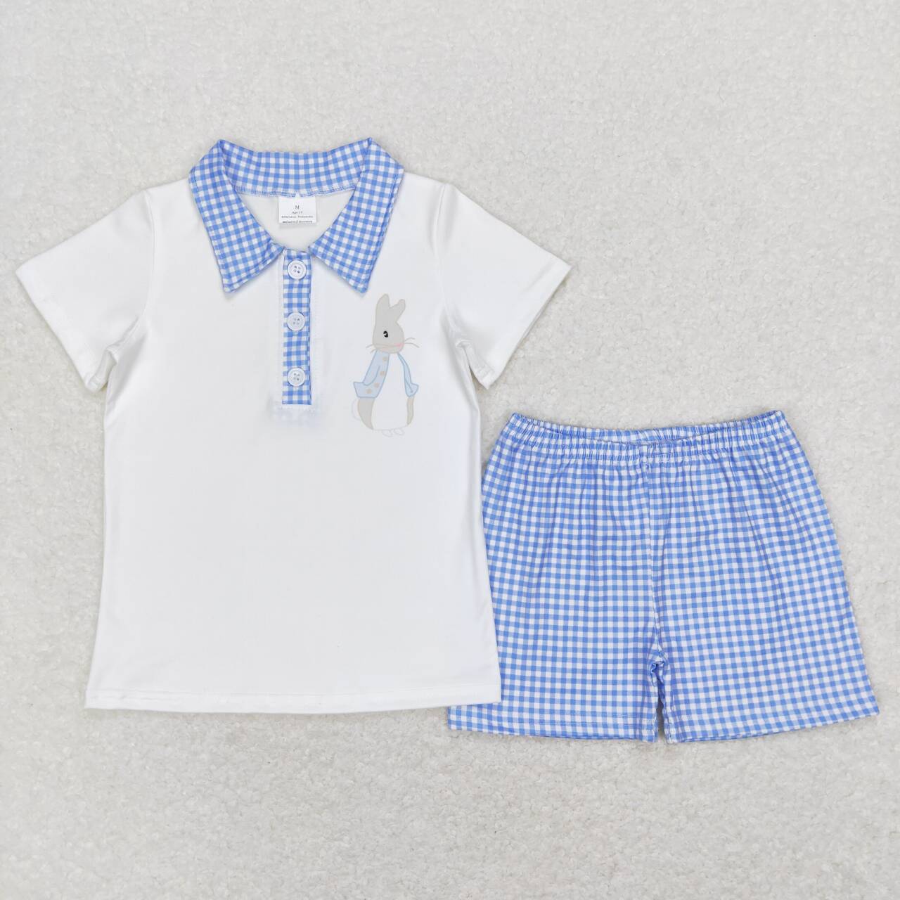 BSSO0415 Easter rabbit short sleeve blue checkered shorts boys set