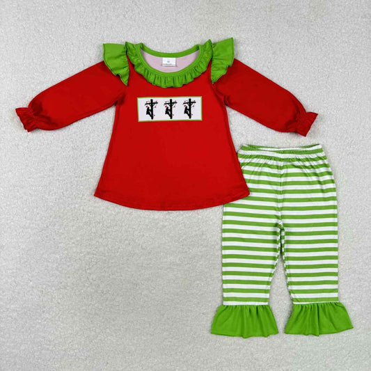 GLP1385 lineman red long sleeve green striped pants girls set