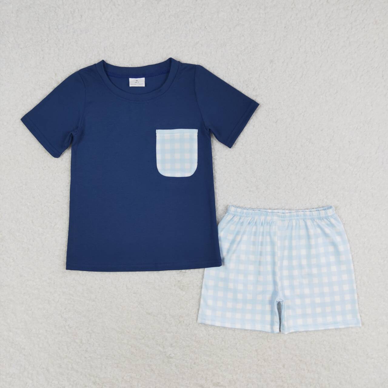 BSSO0992 navy blue pocket short sleeve blue checkered shorts boys set
