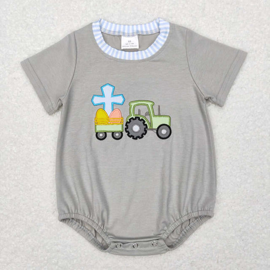 SR0490 Easter egg truck grey short sleeve boys romper