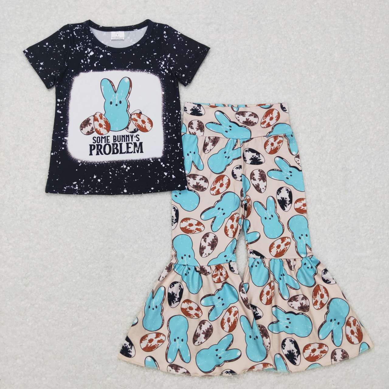 GSPO0942 Easter some bunnys problem rabbit black short sleeve blue pants girls set