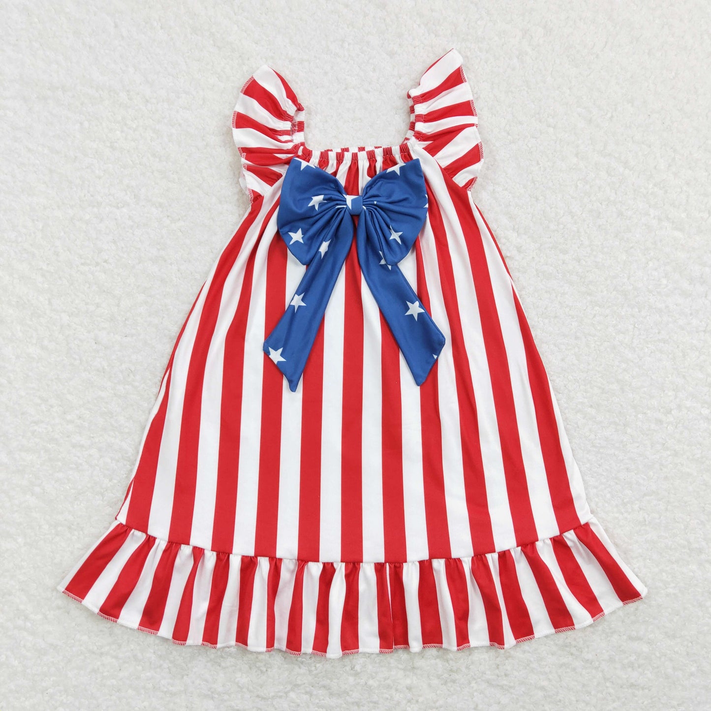 GSD0675 July 4th Red Striped Blue Star Flutter Sleeve Girls Dress