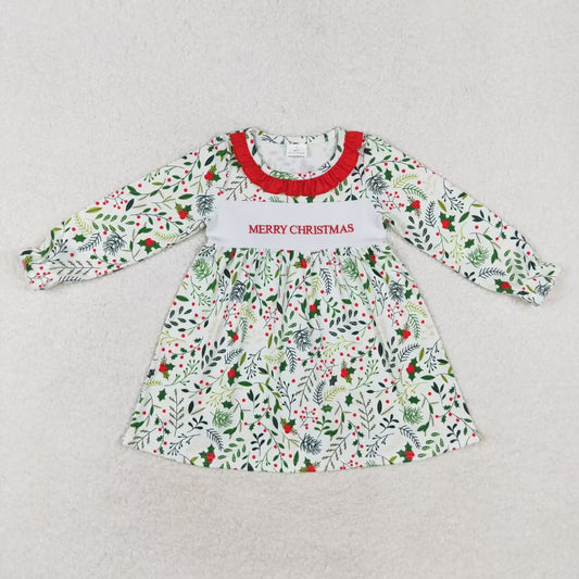 GLD0579 embroidery Merry Christmas flowers long sleeve girls dress