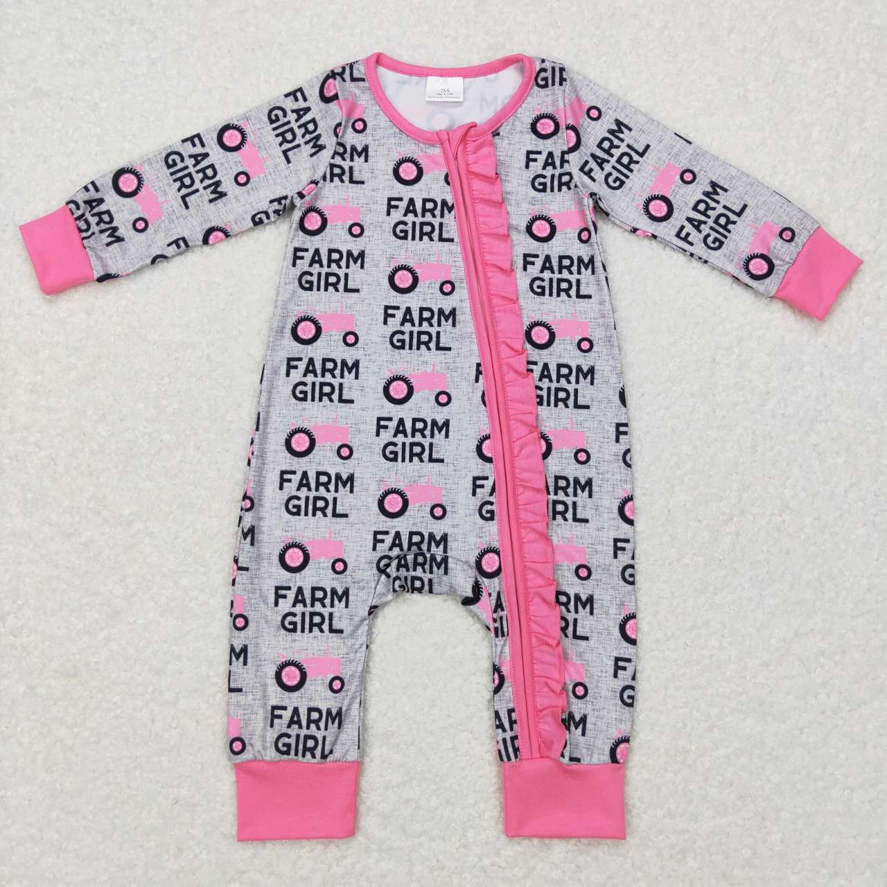 LR0687 Farm girl tractor pink long sleeve boys romper
