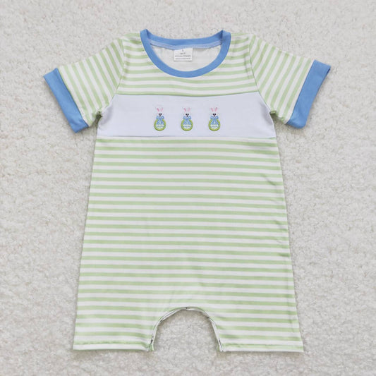 SR0704 Easter embroidery rabbit green striped short sleeve boys romper